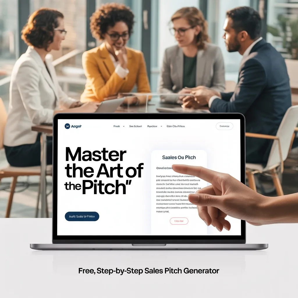 Laptop screen showing a sales pitch generator interface with the text “Master the Art of the Pitch,” while a hand points at the screen and four professionals discuss in the background.