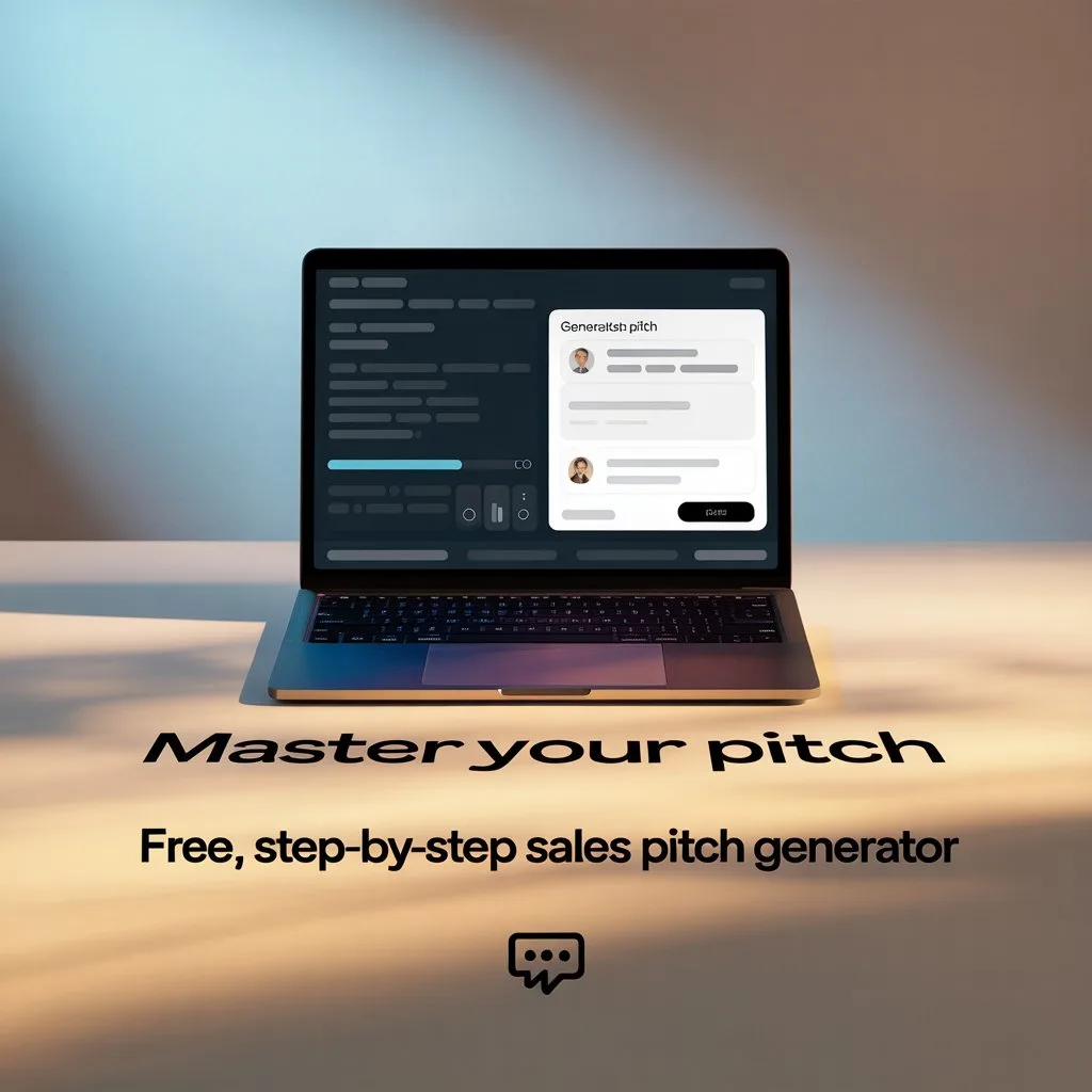 Laptop screen showing online sales pitch generator interface to help users understand sales pitch meaning and create professional pitches.