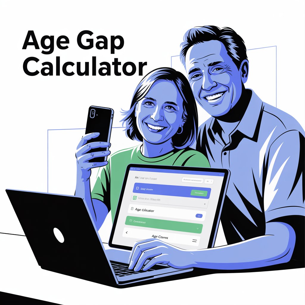 Illustration of people using an online calculator for age difference on a laptop and smartphone.