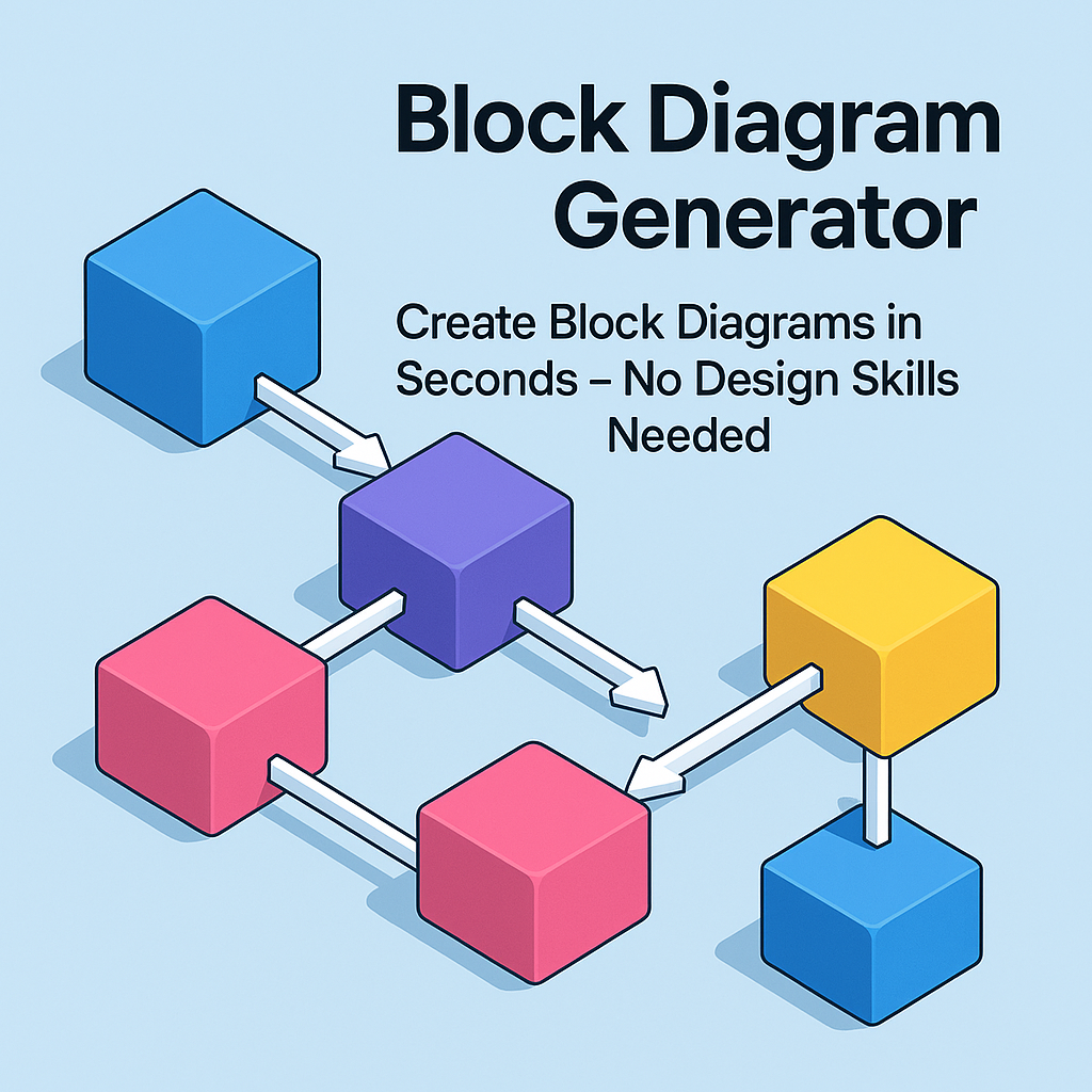 3D isometric illustration of seven colorful blocks—blue, purple, pink, and yellow—connected by white arrows to form a block diagram. The blocks are arranged on a light blue background with subtle shadows, creating a clean, modern tech aesthetic. Bold black headline text reads ‘Block Diagram Generator’ with a subheading ‘Create Block Diagrams in Seconds – No Design Skills Needed.