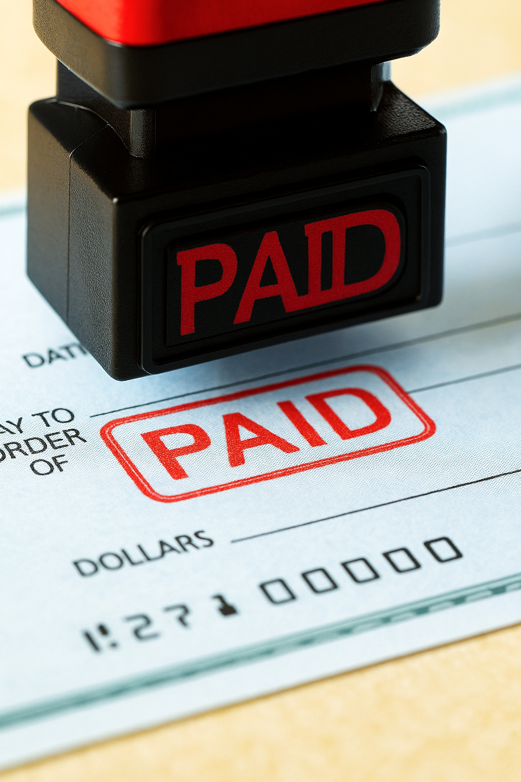 Close-up of a red “PAID” rubber stamp on a light blue cheque, illustrating how to write a cheque with financial authorization, precision, and professionalism.