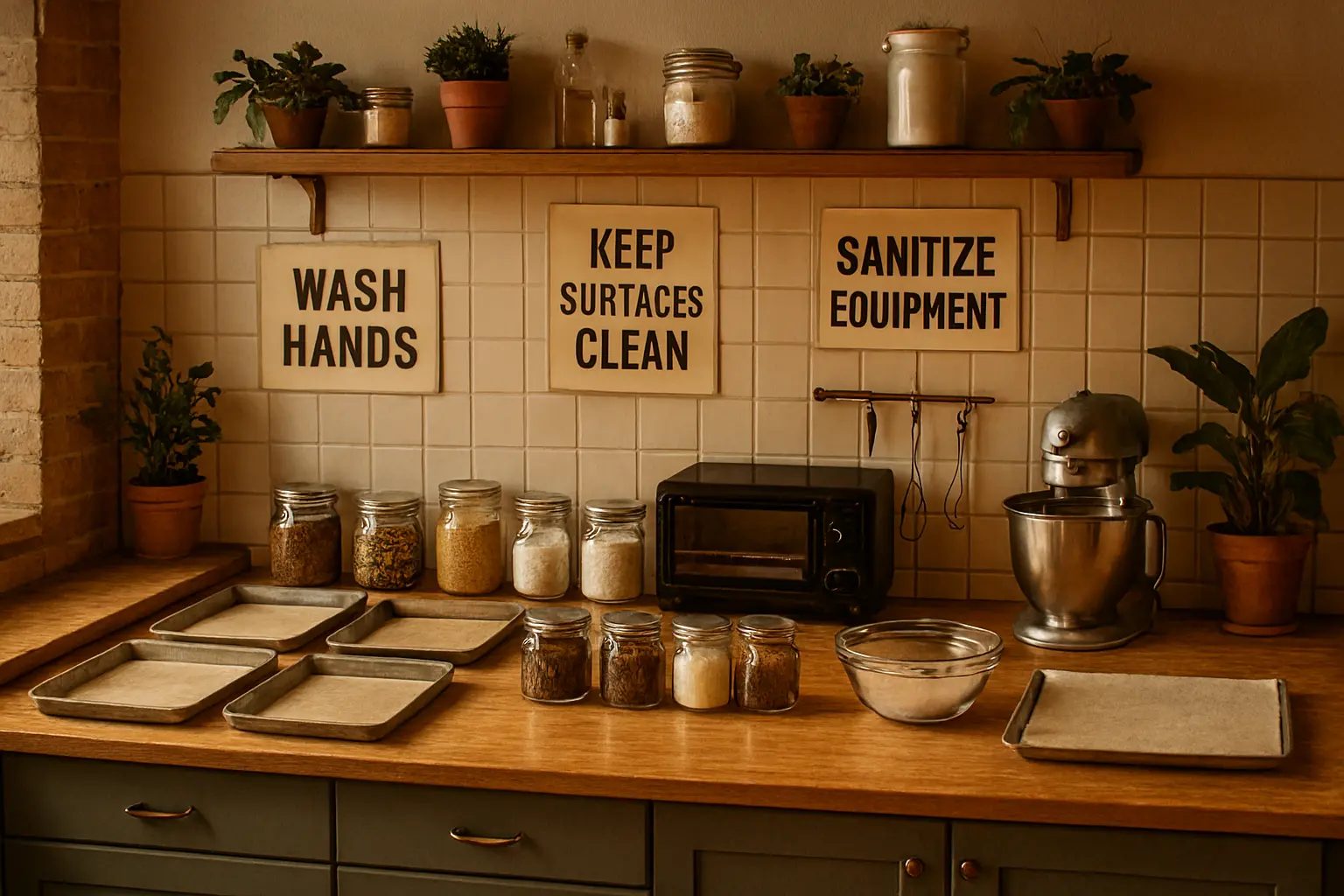Cozy home kitchen setup for a small food business with warm lighting, organized counters, baking trays, jars of ingredients, a small oven, and clean work surfaces. Safety and hygiene signs on the backsplash read “WASH HANDS,” “KEEP SURFACES CLEAN,” and “SANITIZE EQUIPMENT.” Green cabinets, wood accents, and potted plants add a welcoming, professional feel.