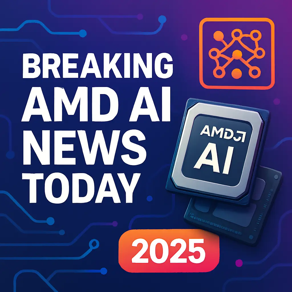 Square infographic announcing AMD AI 2025 updates. Bold white text reads “Breaking AMD AI News Today” on a vibrant blue-purple tech background. Features sleek AMD AI chip graphics, neural network icon, and “2025” badge in orange gradient. Designed for high-impact social sharing.