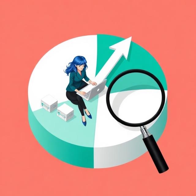 Isometric illustration of a magnifying glass inspecting a pie chart to find a key identifier, answering 'what is a cheque number'.