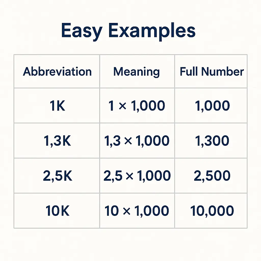 Infographic showing K abbreviations: 1K = 1,000, 1.3K = 1,300, 2.5K = 2,500, 10K = 10,000 — simple chart with clean layout and soft colors.