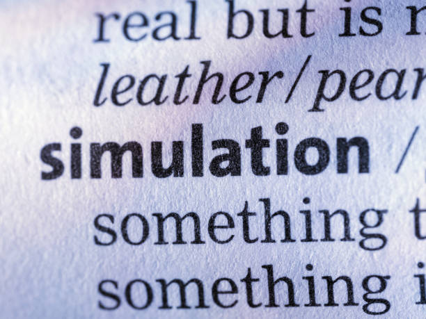 How many words should be in a sentence illustrated with a close-up of the printed word ‘simulation’ on textured white paper.