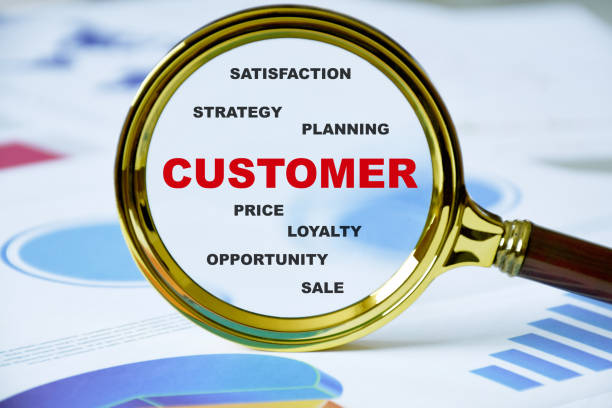 Magnifying glass focusing on “Customer” with business graphs, illustrating CRM and customer management concepts.