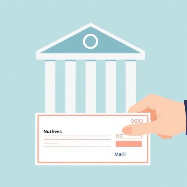 A hand holds a simple white check with a pink border in front of a stylized bank building. The check's "Number" field is highlighted, visually answering the question 'What is a cheque number?'.