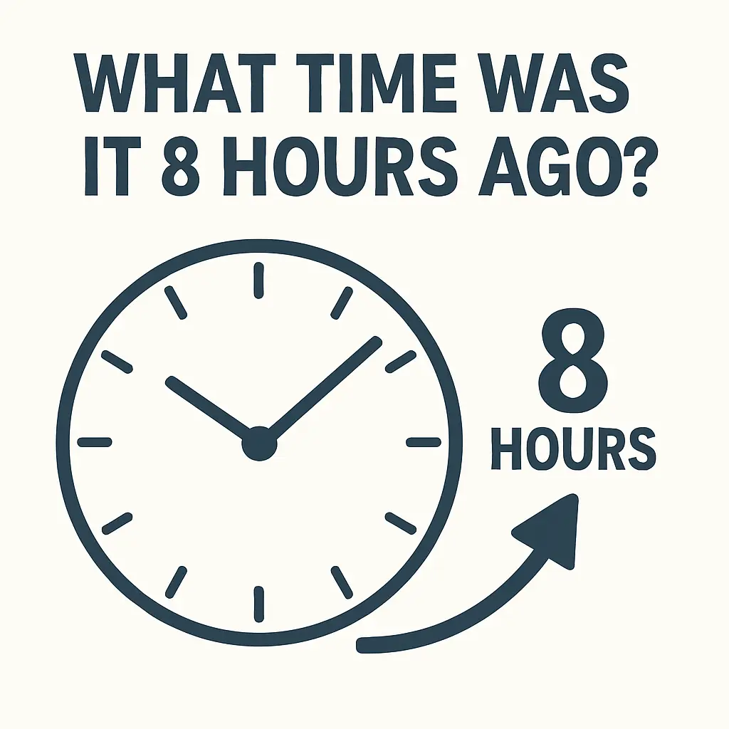 Minimalist infographic showing a large analog clock face with dark gray tick marks and hands pointing to 10:10. A curved arrow wraps counterclockwise around the clock, ending at the hour hand. Bold text above reads “What Time Was It 8 Hours Ago?” and “8 HOURS” is labeled beside the arrow. Clean off-white background and high readability design.