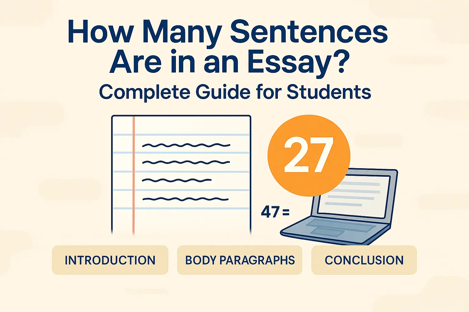 Hero illustration explaining how many sentences are in an essay, with structured paragraph blocks and student-friendly writing guidance.