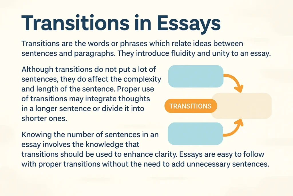 Visual guide showing how to use transitions in an essay to link sentences and paragraphs smoothly.