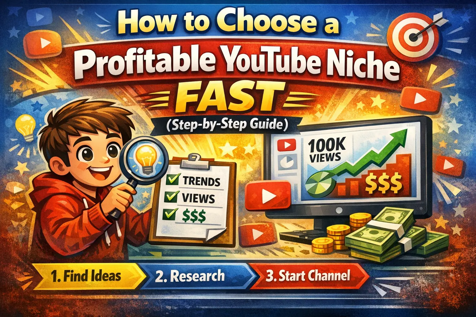 nfographic explaining how to quickly find a profitable YouTube niche using trends, research, and high‑view strategies.